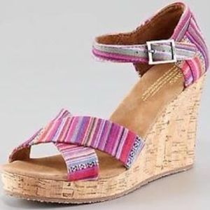 Toms Sierra Pink Striped Cork Wedge Sandal